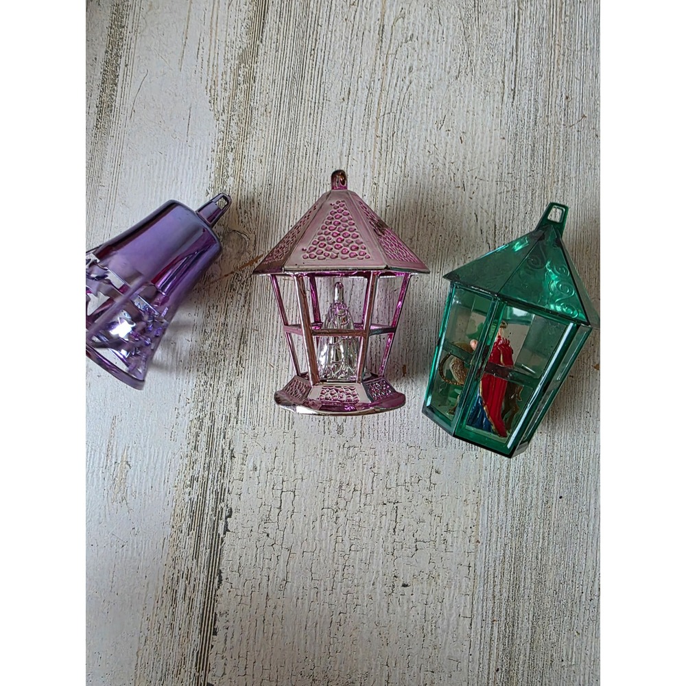 Vintage Jewel Brite Nativity diorama bell ornament purple green lantern Xmas